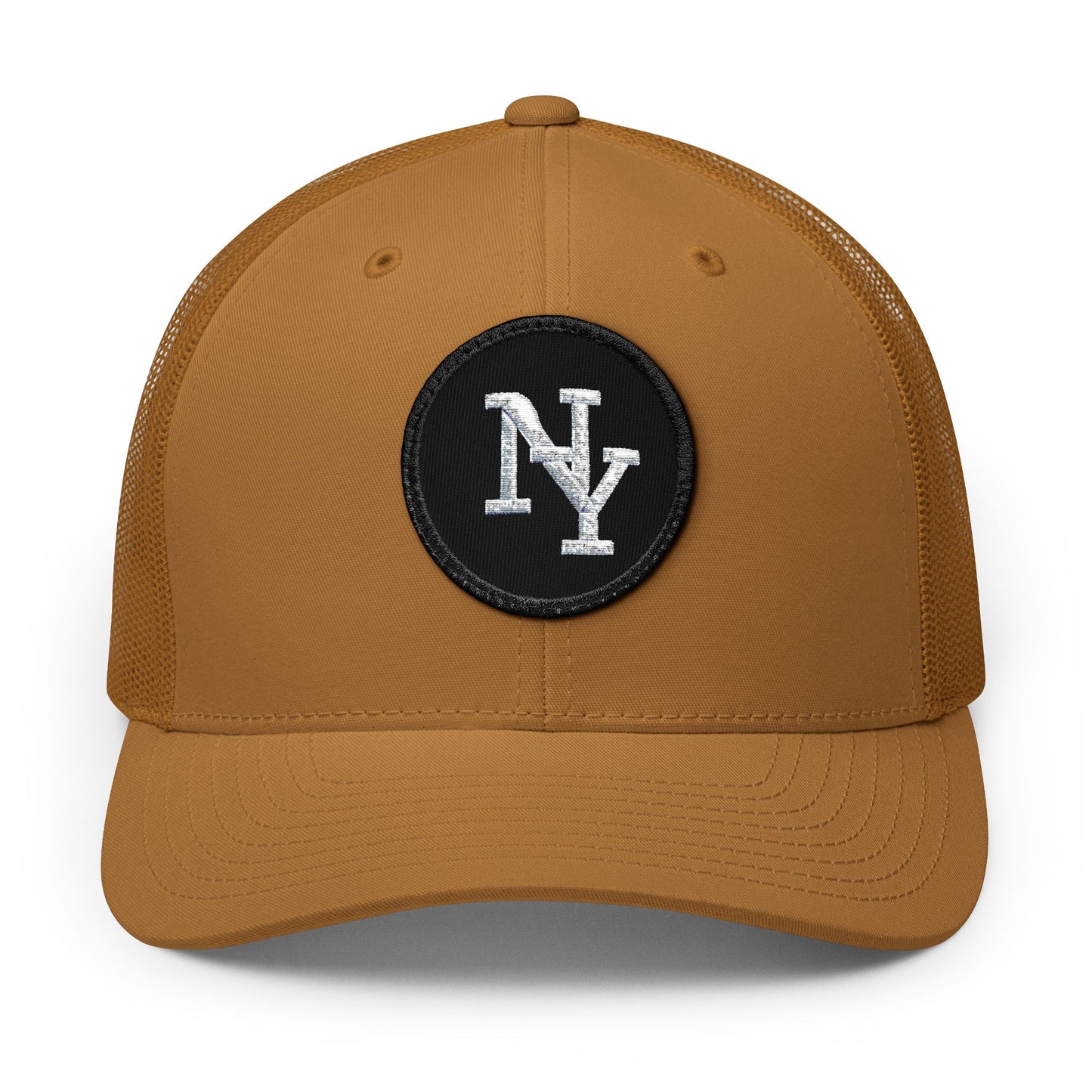 NY Embroidered Patch Trucker Cap — Vintage Brown Snapback Hat