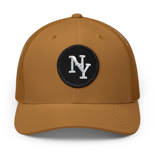 NY Embroidered Patch Trucker Cap — Vintage Brown Snapback Hat